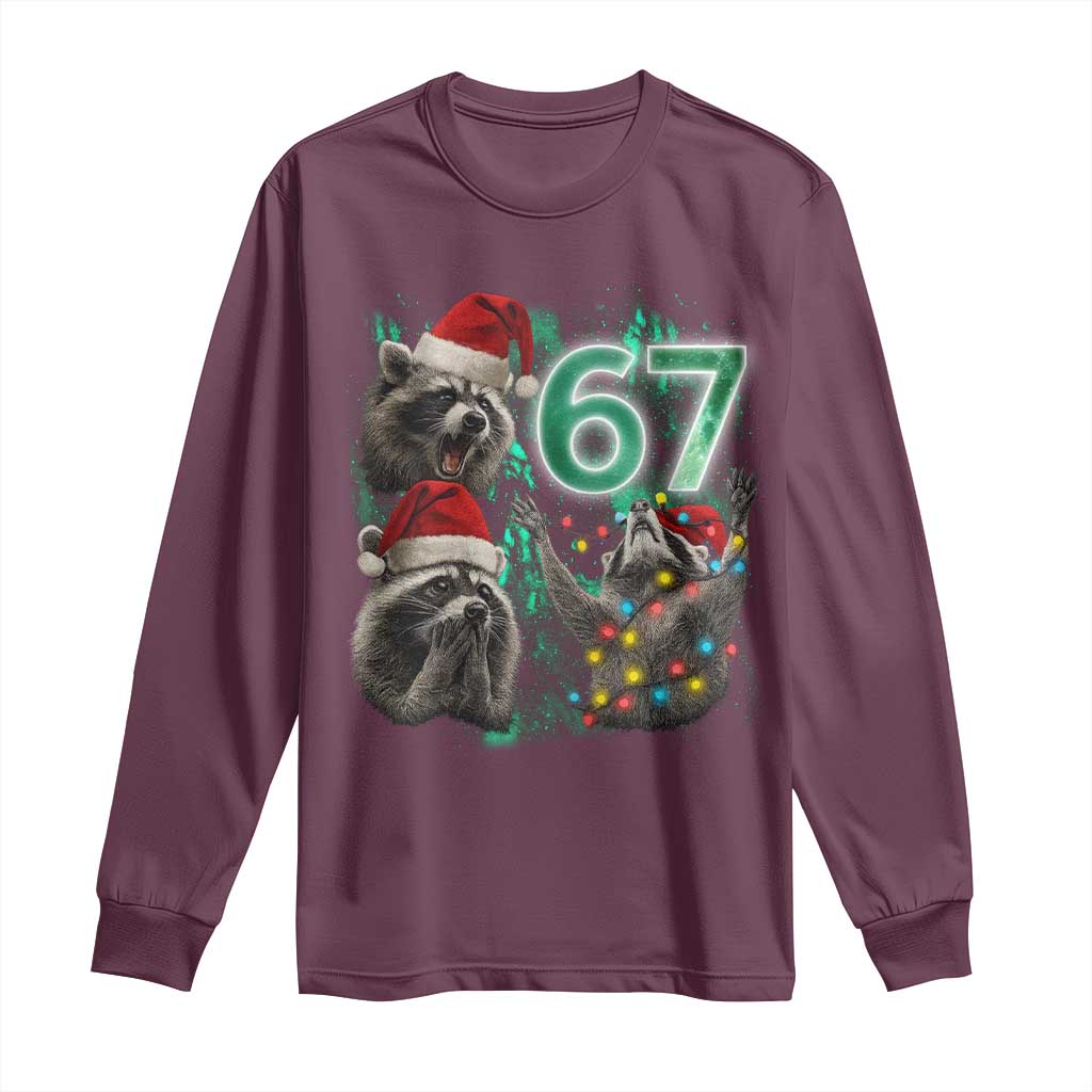 Funny Christmas 67 Meme Racoon Long Sleeve Shirt Howling at The Moon - Wonder Print Shop