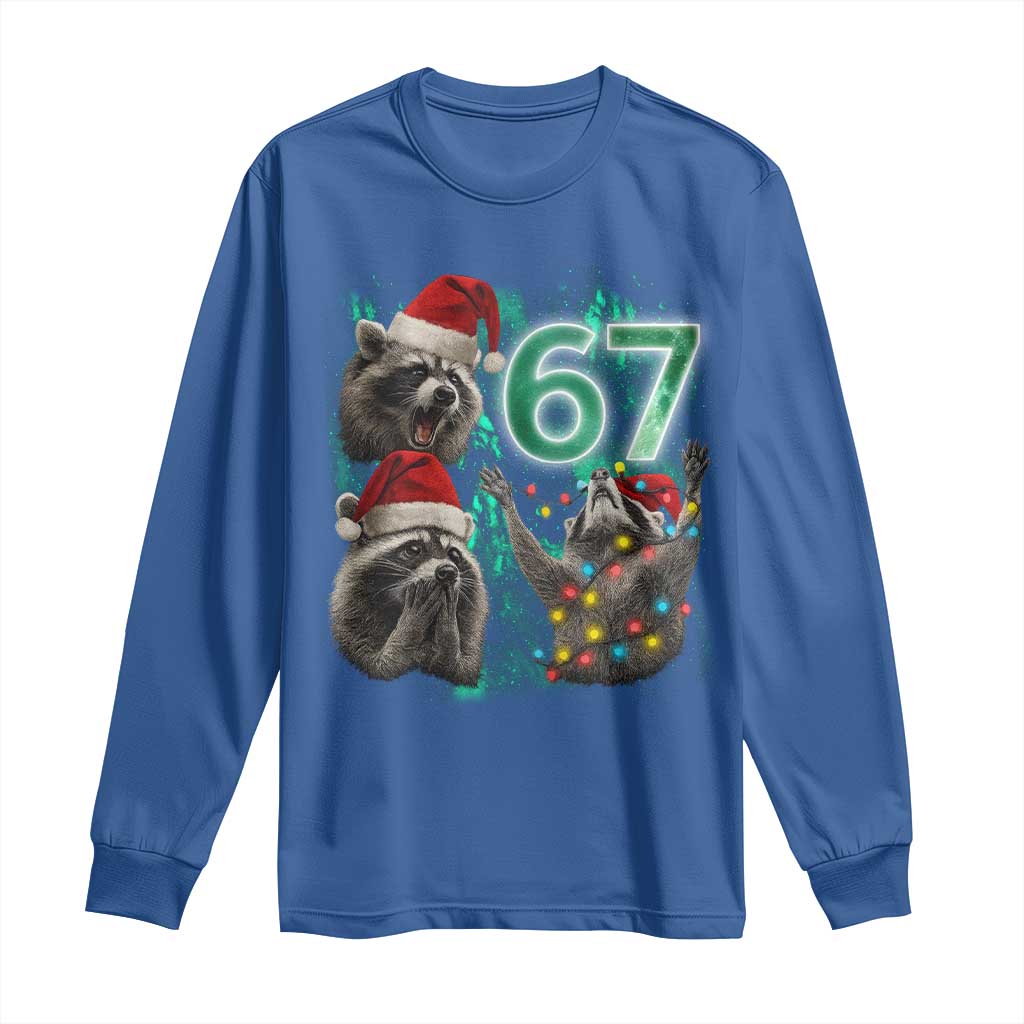 Funny Christmas 67 Meme Racoon Long Sleeve Shirt Howling at The Moon - Wonder Print Shop