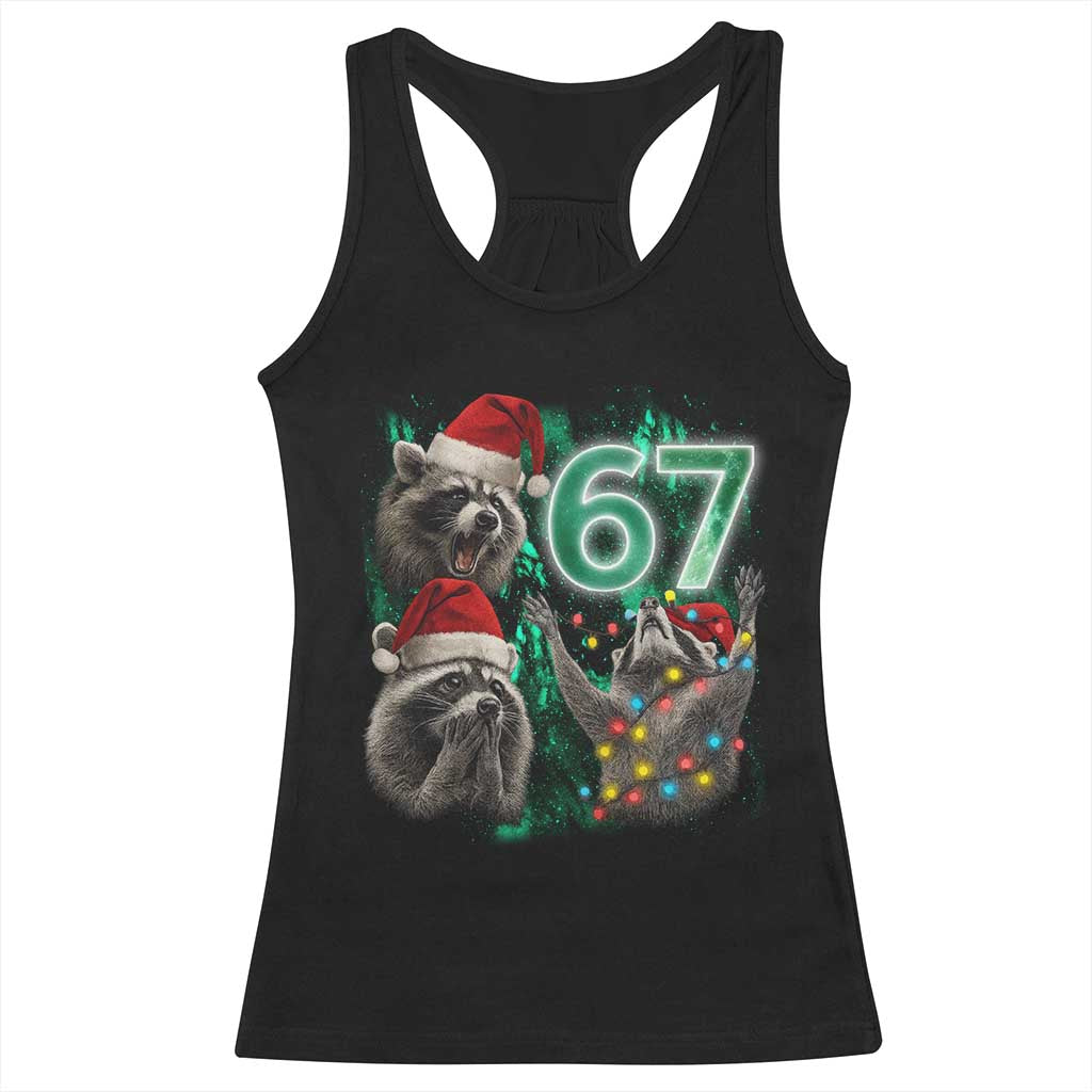Funny Christmas 67 Meme Racoon Racerback Tank Top Howling at The Moon - Wonder Print Shop