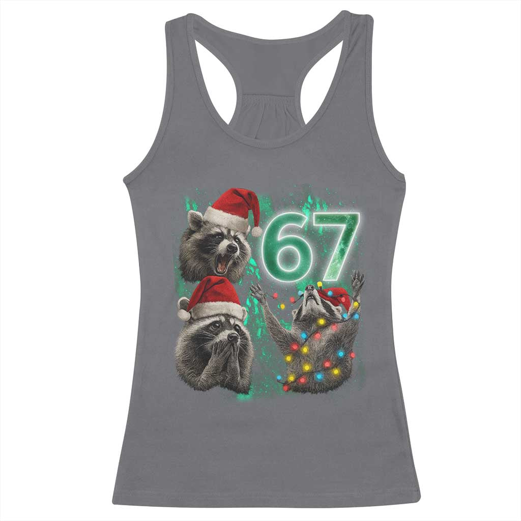 Funny Christmas 67 Meme Racoon Racerback Tank Top Howling at The Moon - Wonder Print Shop