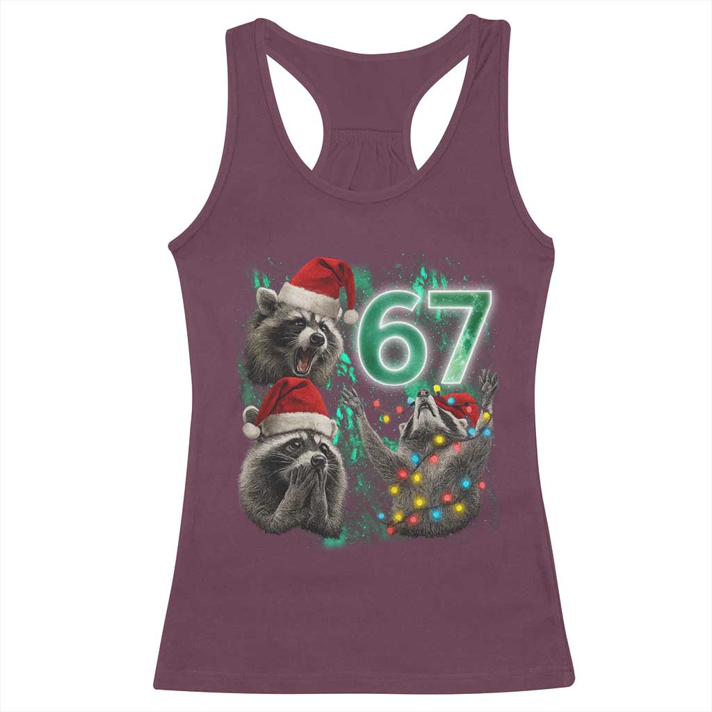 Funny Christmas 67 Meme Racoon Racerback Tank Top Howling at The Moon - Wonder Print Shop