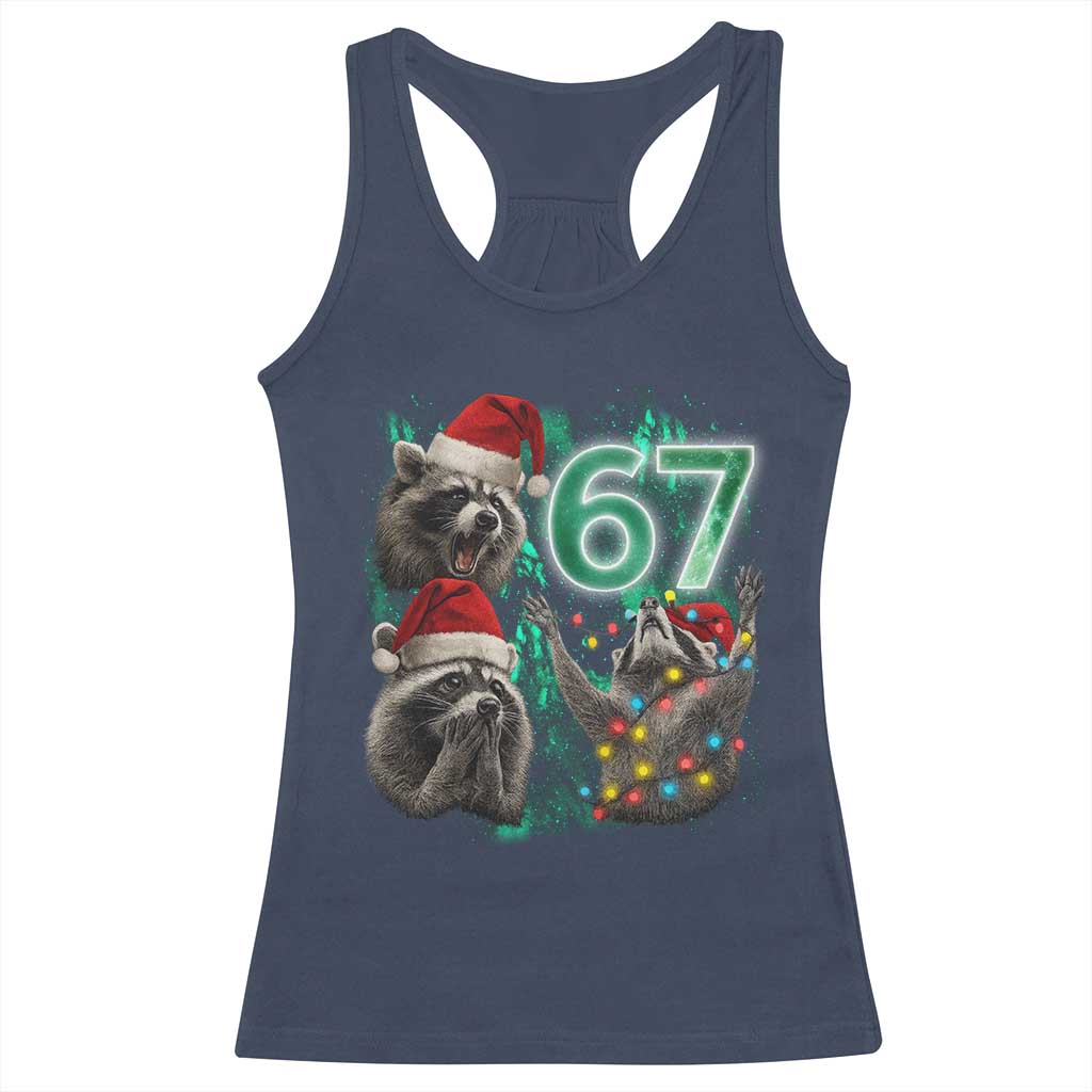 Funny Christmas 67 Meme Racoon Racerback Tank Top Howling at The Moon - Wonder Print Shop
