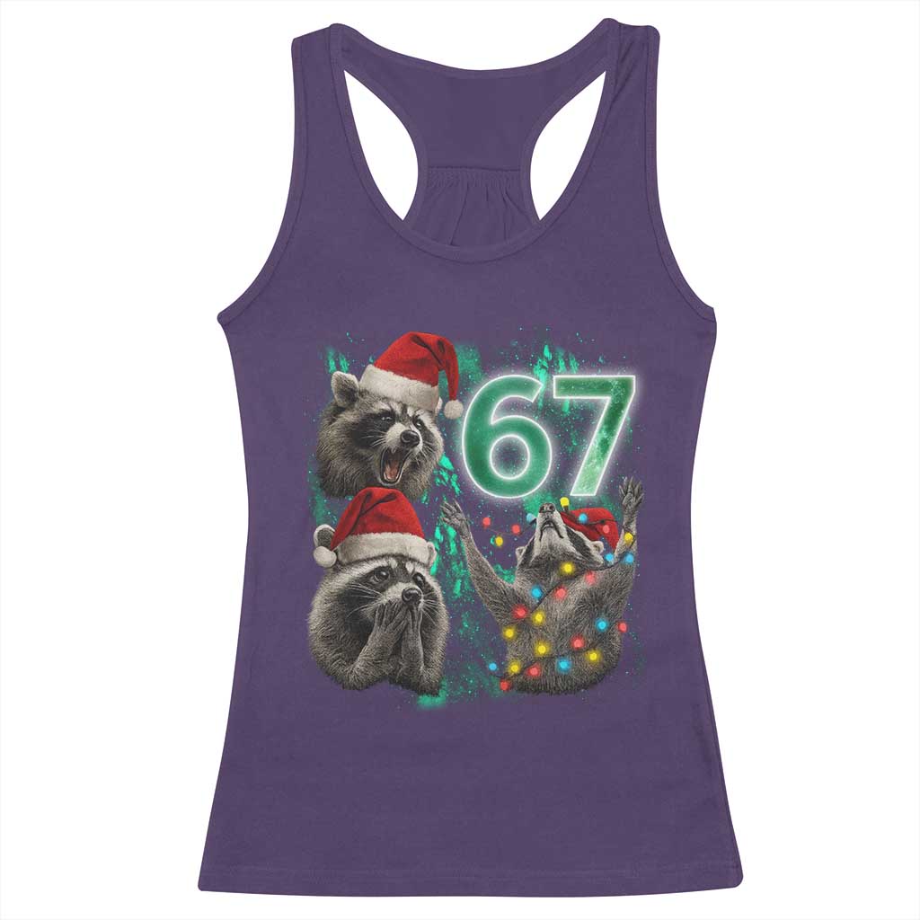 Funny Christmas 67 Meme Racoon Racerback Tank Top Howling at The Moon - Wonder Print Shop