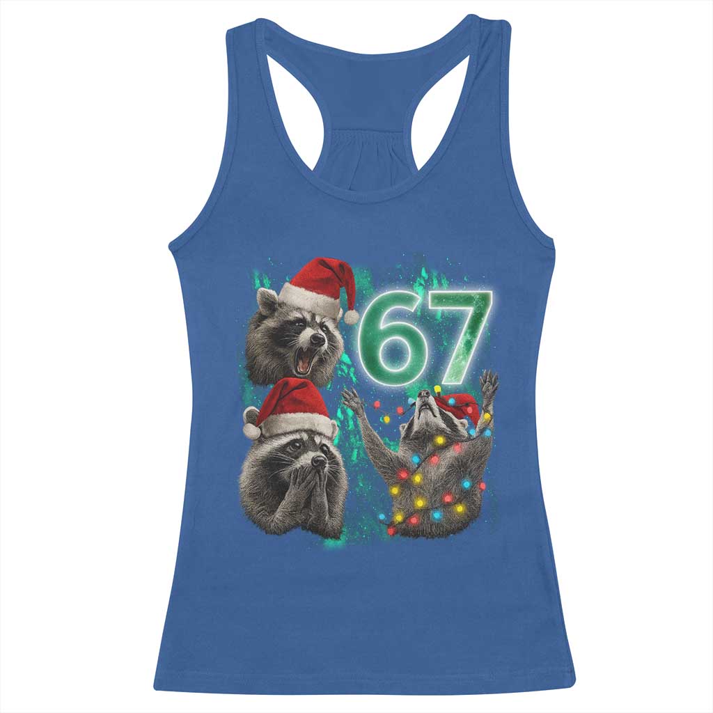 Funny Christmas 67 Meme Racoon Racerback Tank Top Howling at The Moon - Wonder Print Shop