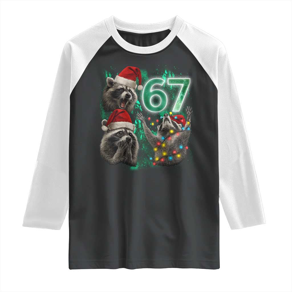 Funny Christmas 67 Meme Racoon Raglan Shirt Howling at The Moon - Wonder Print Shop