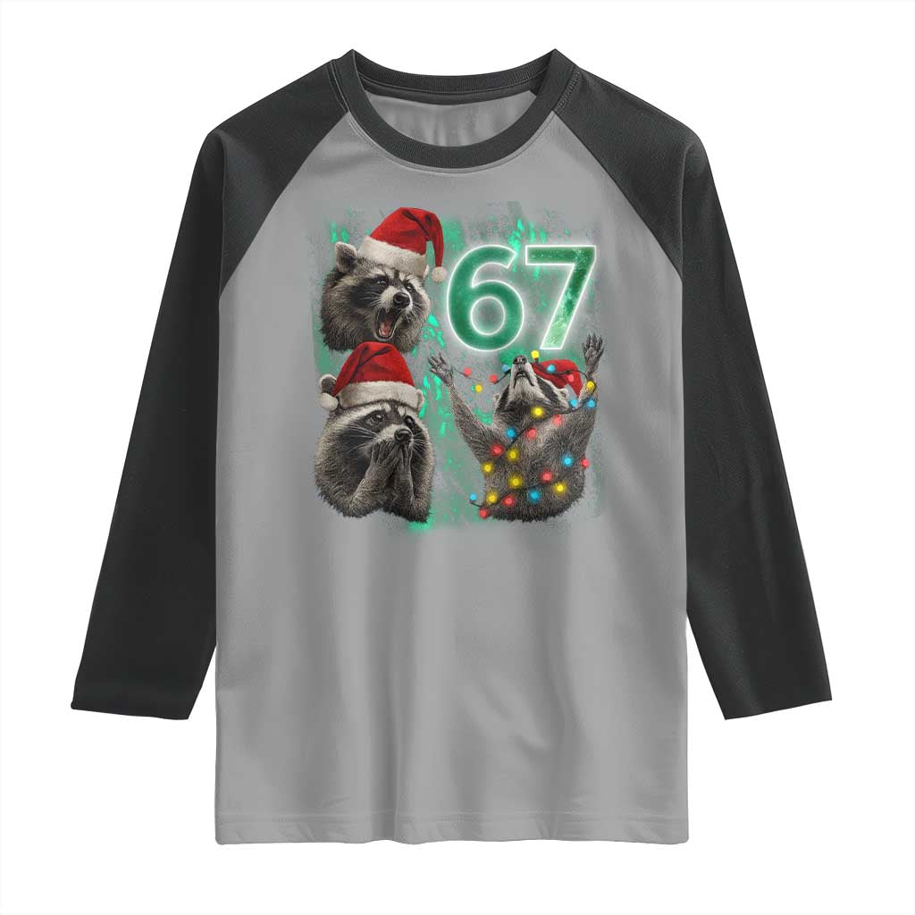 Funny Christmas 67 Meme Racoon Raglan Shirt Howling at The Moon - Wonder Print Shop