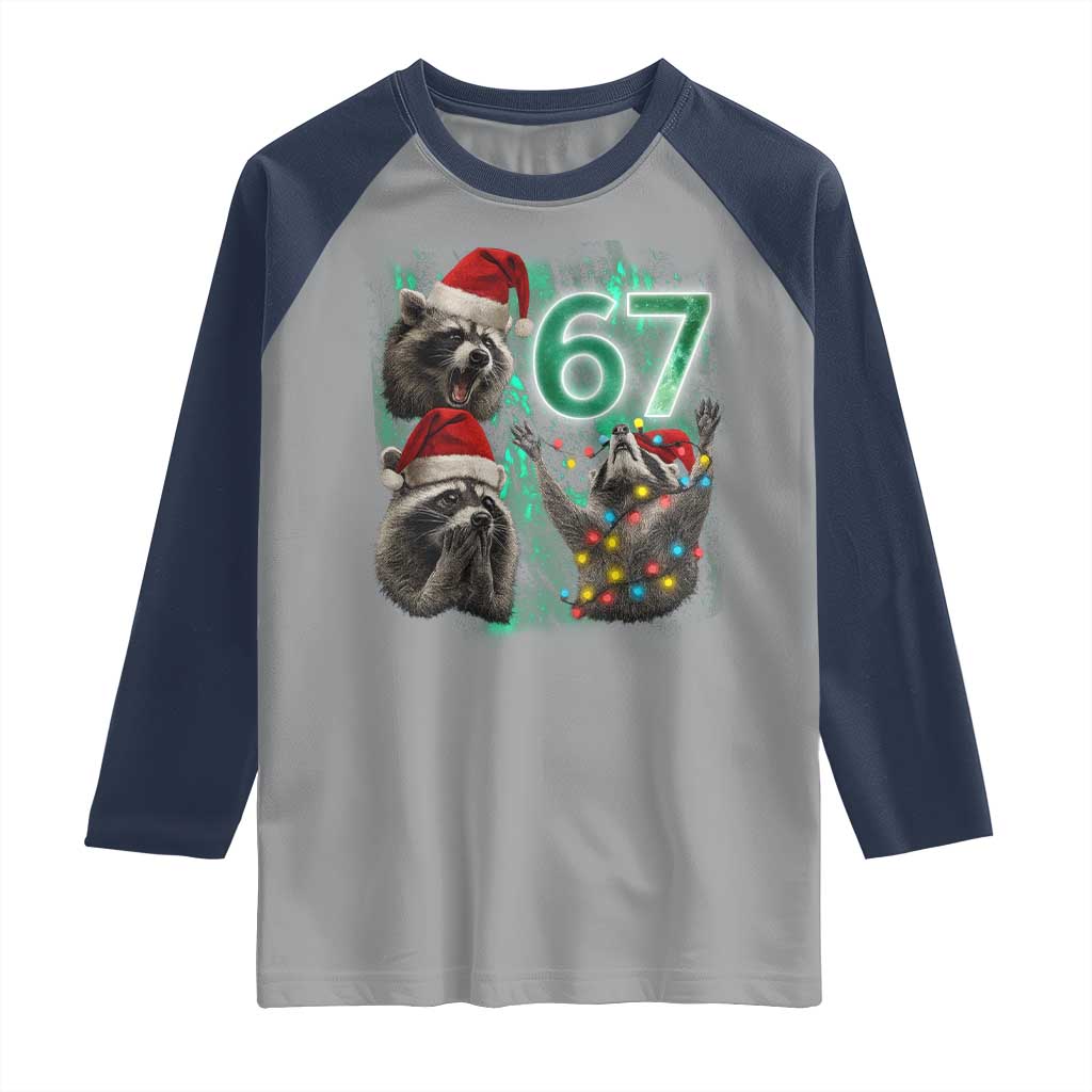 Funny Christmas 67 Meme Racoon Raglan Shirt Howling at The Moon - Wonder Print Shop