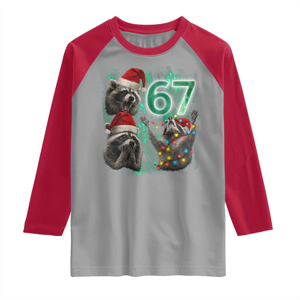Funny Christmas 67 Meme Racoon Raglan Shirt Howling at The Moon - Wonder Print Shop
