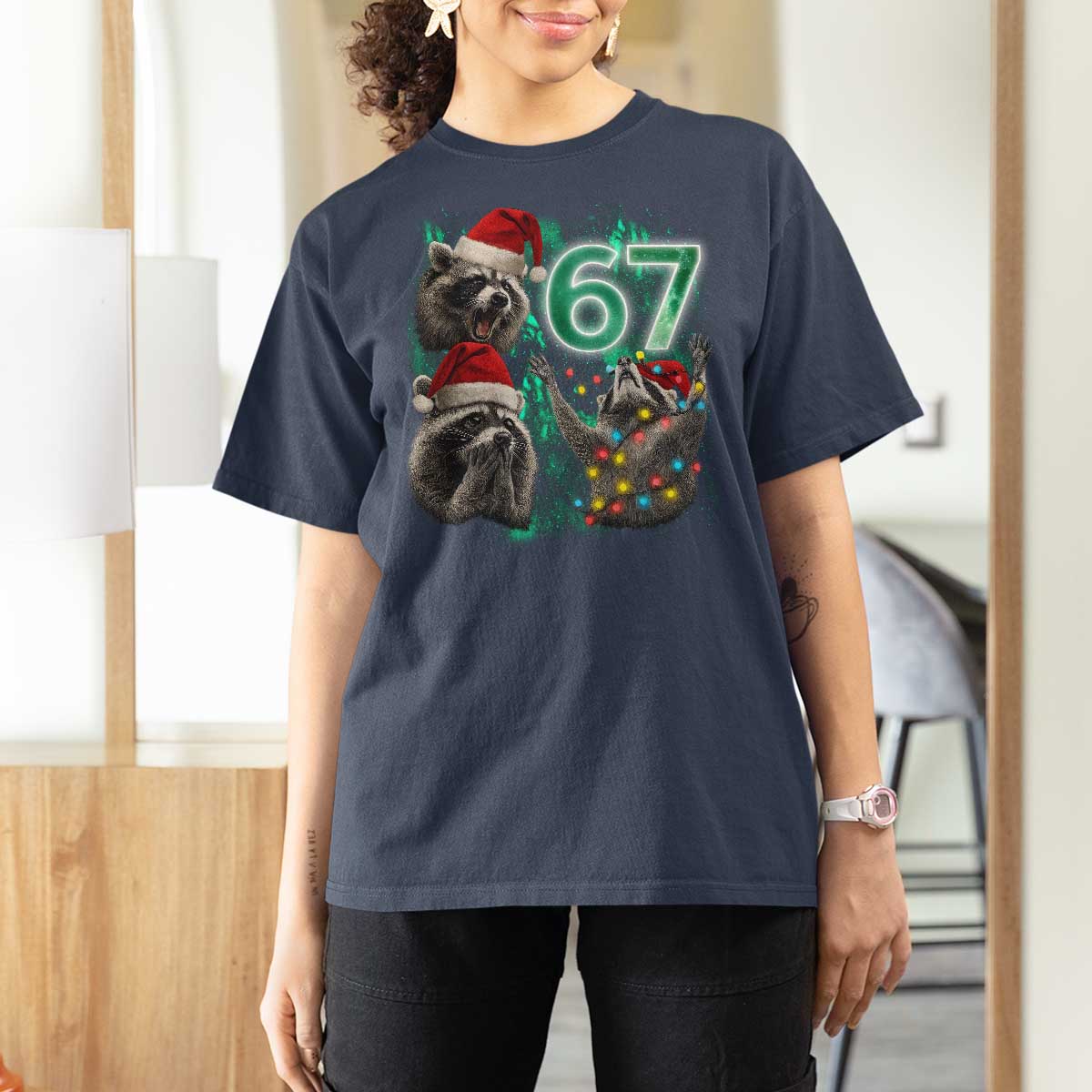 Funny Christmas 67 Meme Racoon T Shirt For Women Howling at The Moon - Wonder Print Shop