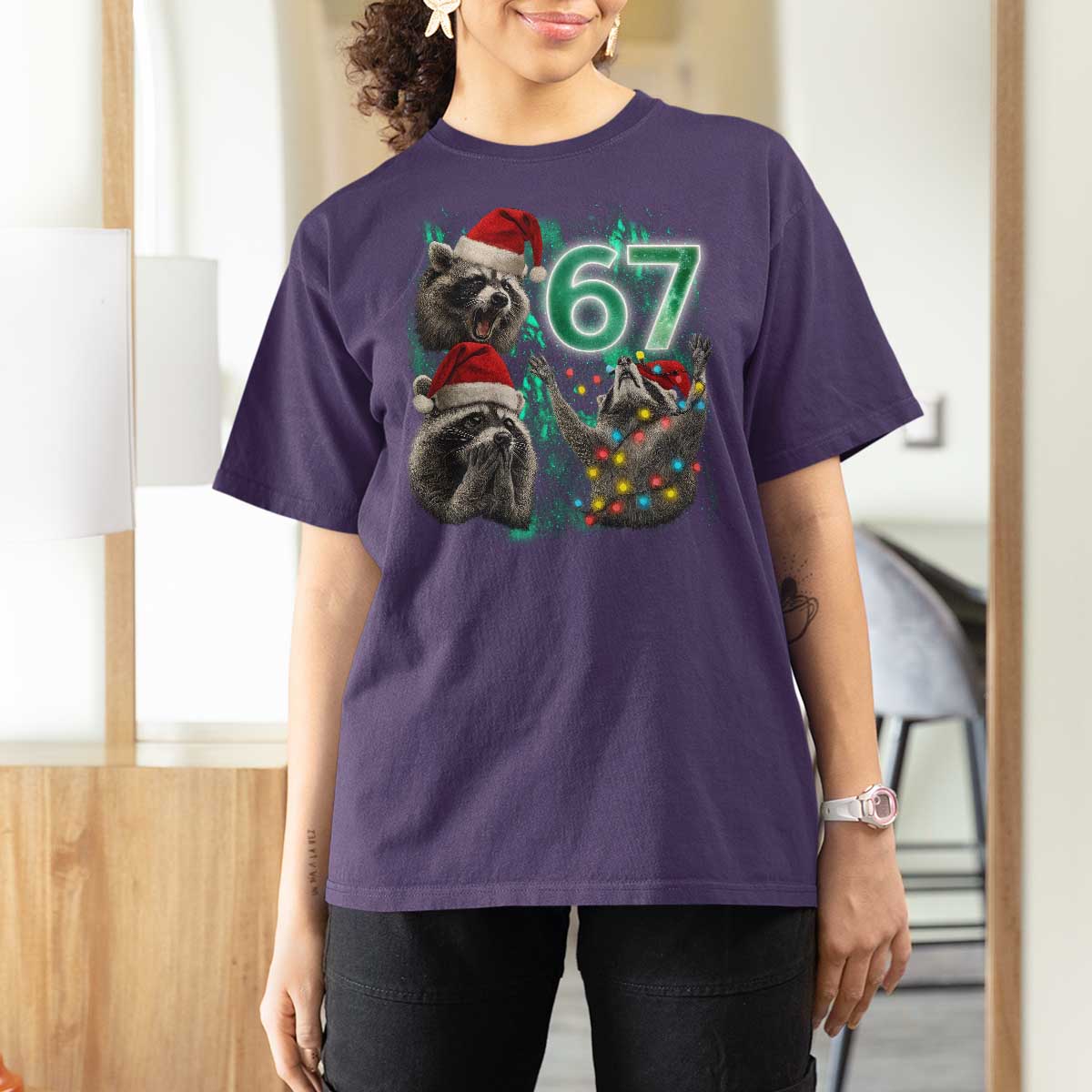 Funny Christmas 67 Meme Racoon T Shirt For Women Howling at The Moon - Wonder Print Shop