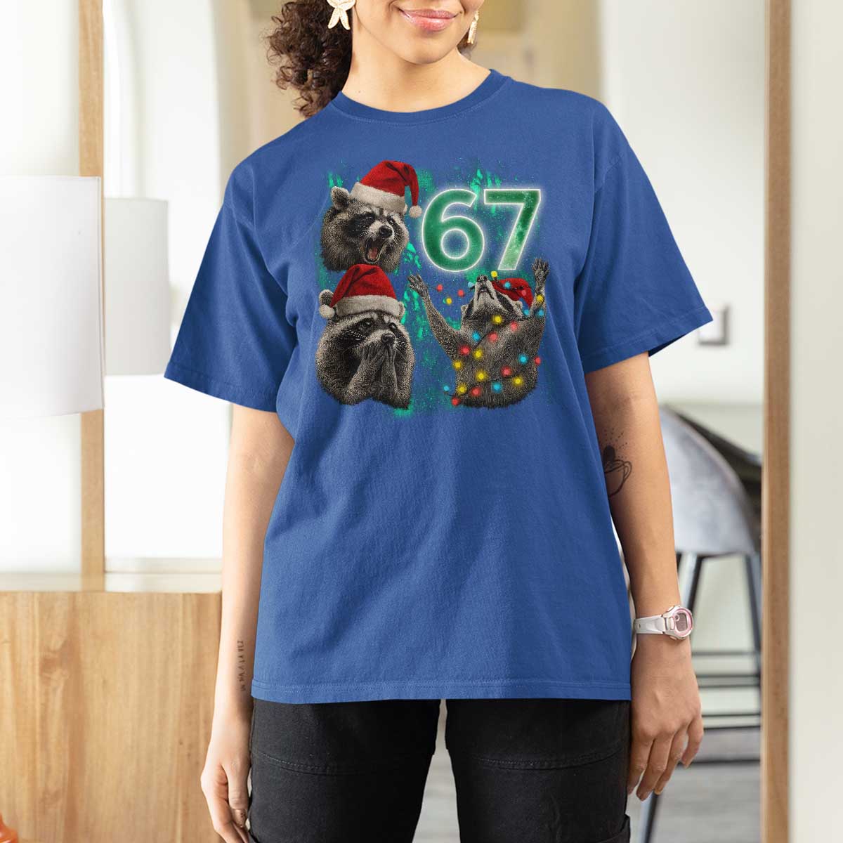 Funny Christmas 67 Meme Racoon T Shirt For Women Howling at The Moon - Wonder Print Shop