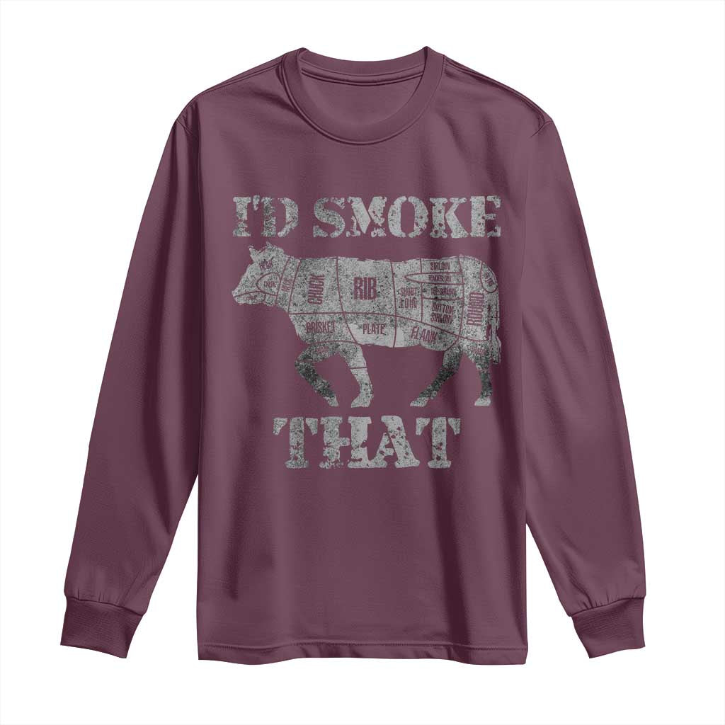 Funny BBQ Long Sleeve Shirt Chef Butcher Cook BBQ I'd Smoke That Cow Beef