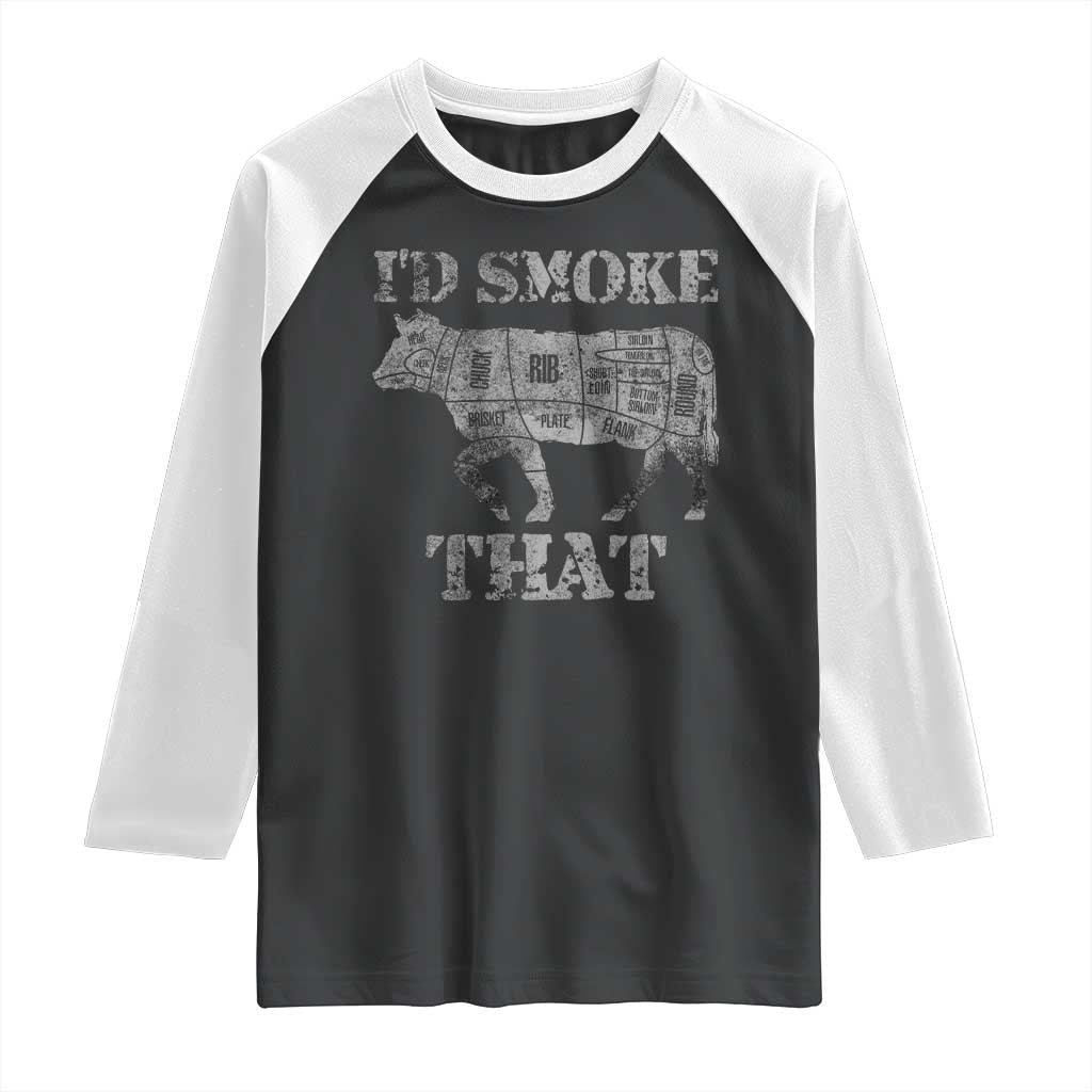 Funny BBQ Raglan Shirt Chef Butcher Cook BBQ I'd Smoke That Cow Beef