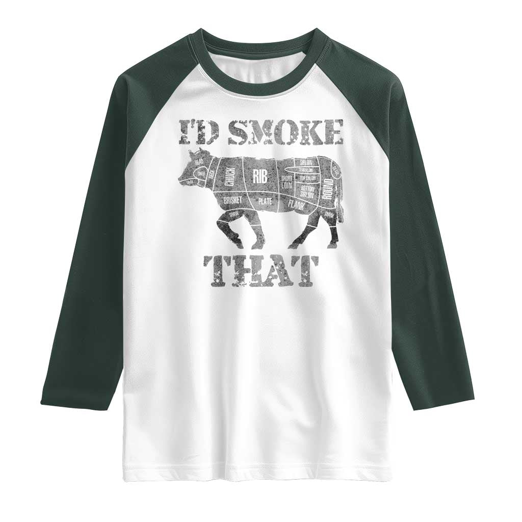 Funny BBQ Raglan Shirt Chef Butcher Cook BBQ I'd Smoke That Cow Beef