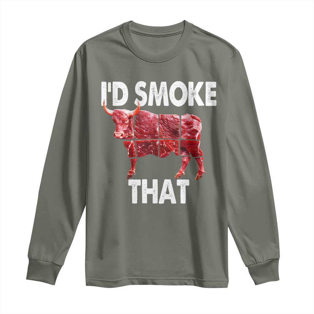 Funny BBQ Long Sleeve Shirt I'd Smoke That Cow Beef Chef Butcher Cook