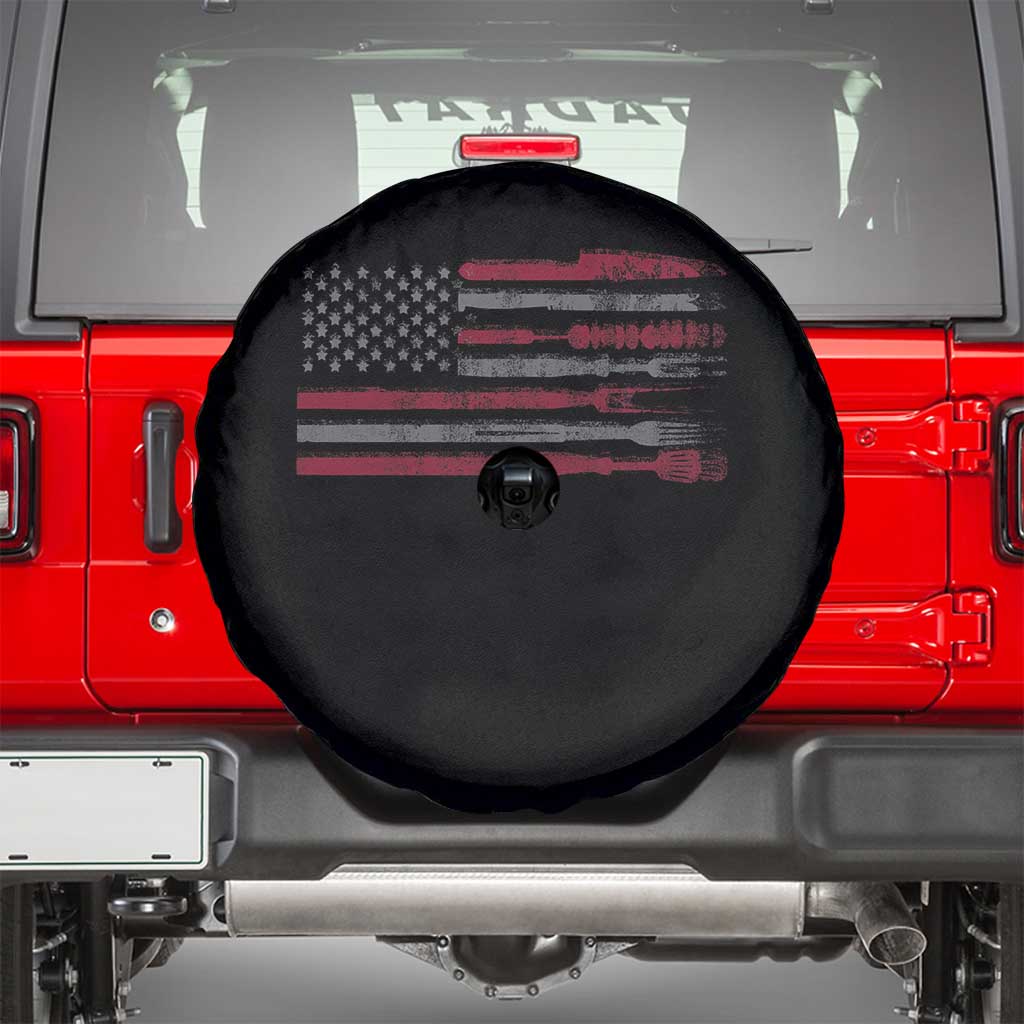 BBQ Spare Tire Cover With Red Line American Flag Meat Smoker Grilling Gifts