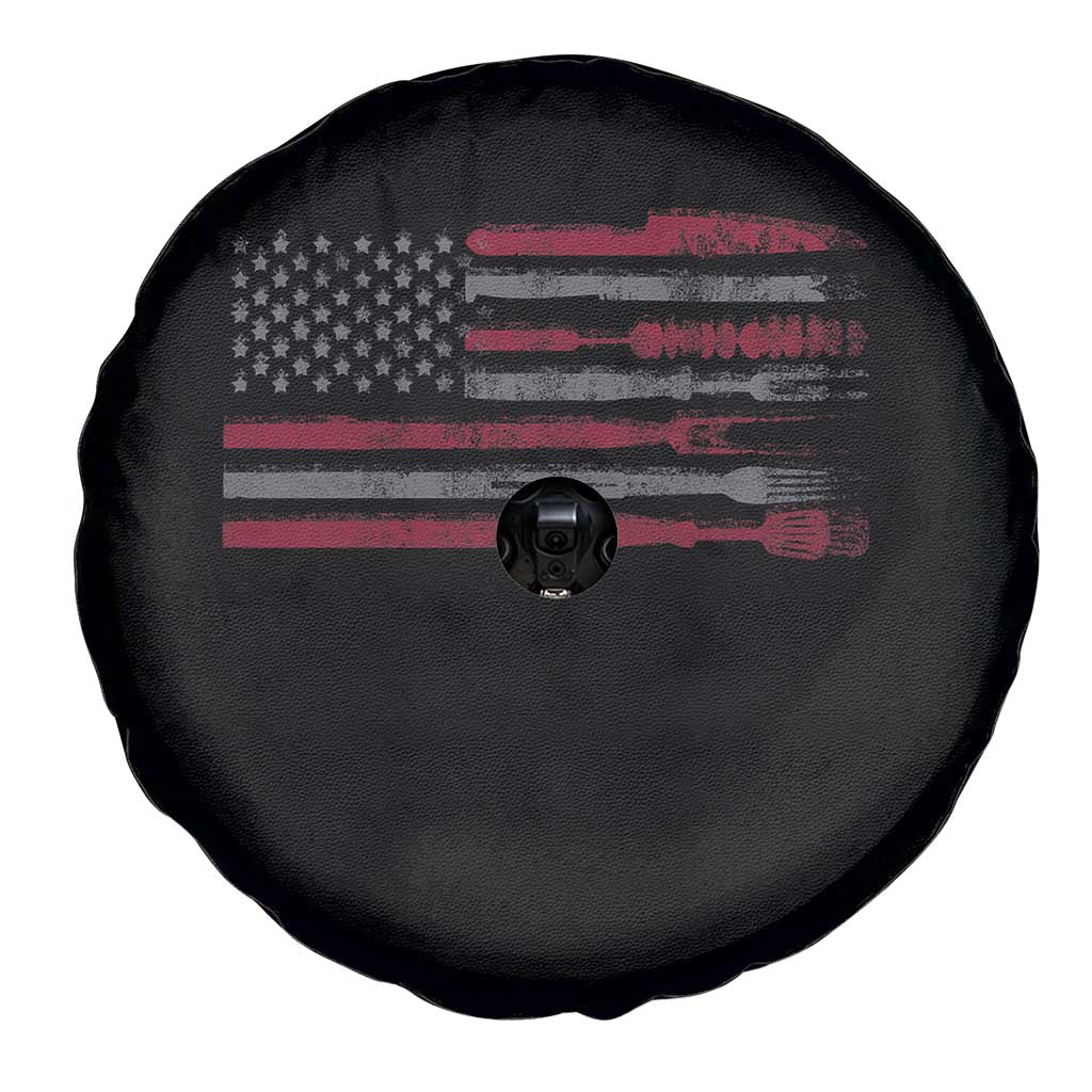 BBQ Spare Tire Cover With Red Line American Flag Meat Smoker Grilling Gifts