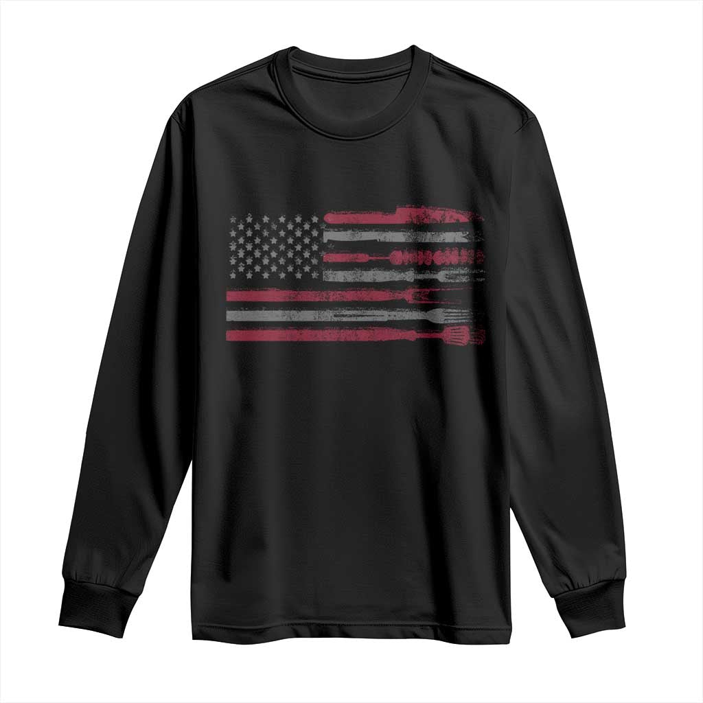BBQ Long Sleeve Shirt With Red Line American Flag Meat Smoker Grilling Gifts