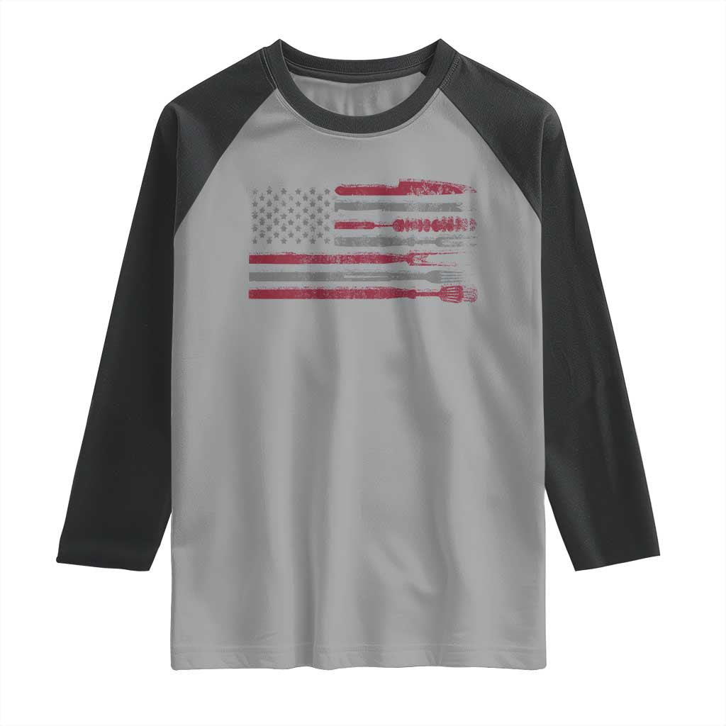 BBQ Raglan Shirt With Red Line American Flag Meat Smoker Grilling Gifts