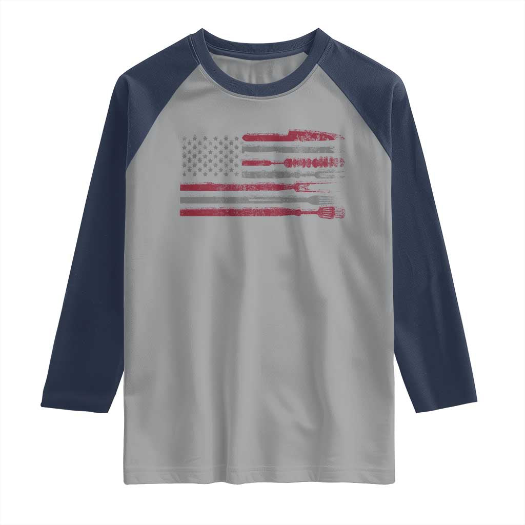 BBQ Raglan Shirt With Red Line American Flag Meat Smoker Grilling Gifts