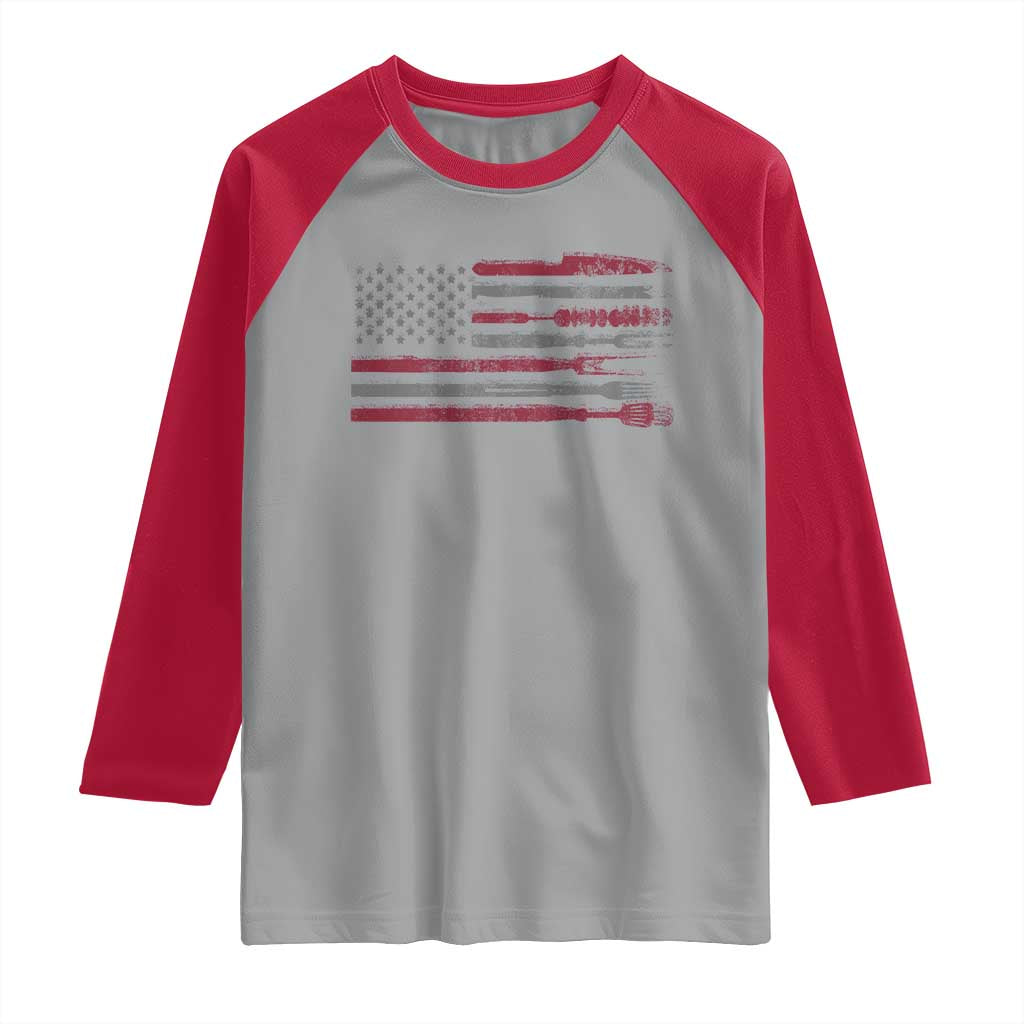BBQ Raglan Shirt With Red Line American Flag Meat Smoker Grilling Gifts