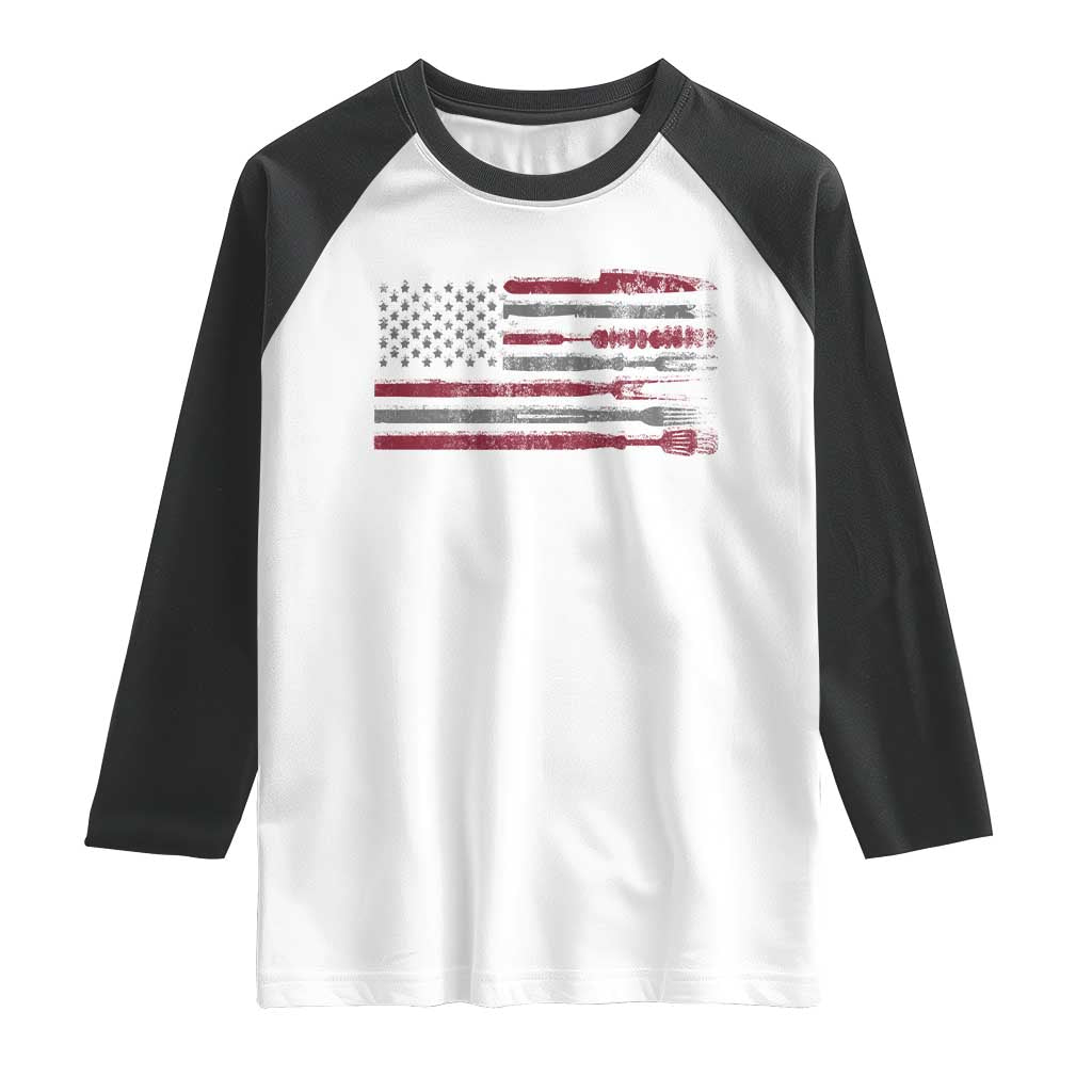 BBQ Raglan Shirt With Red Line American Flag Meat Smoker Grilling Gifts