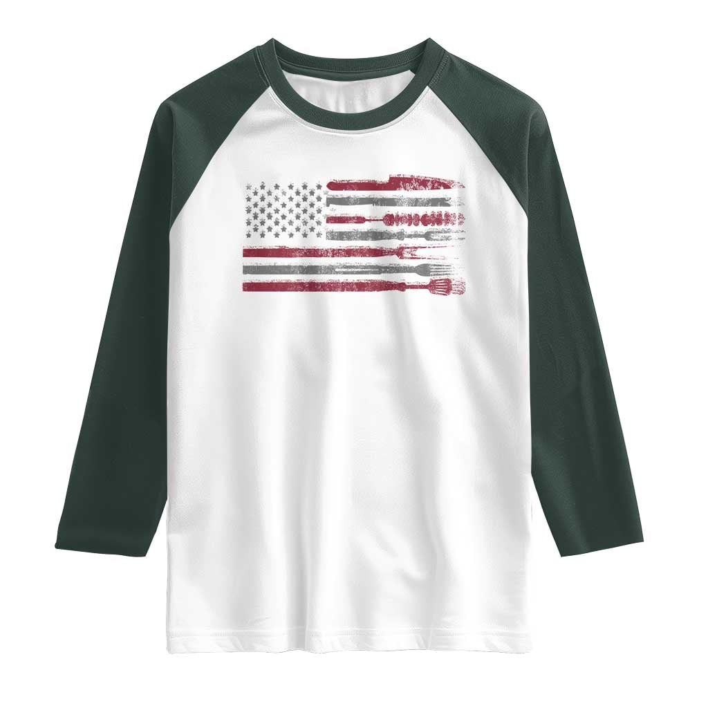 BBQ Raglan Shirt With Red Line American Flag Meat Smoker Grilling Gifts
