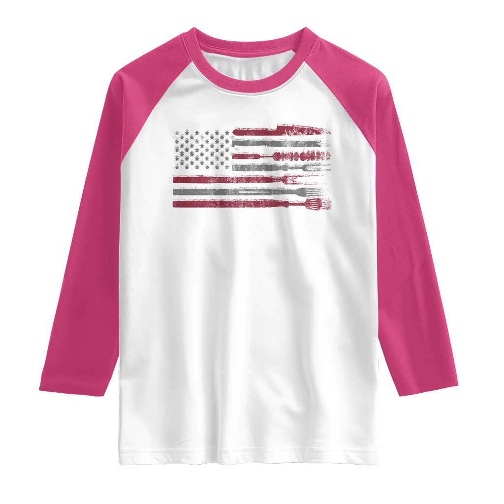 BBQ Raglan Shirt With Red Line American Flag Meat Smoker Grilling Gifts
