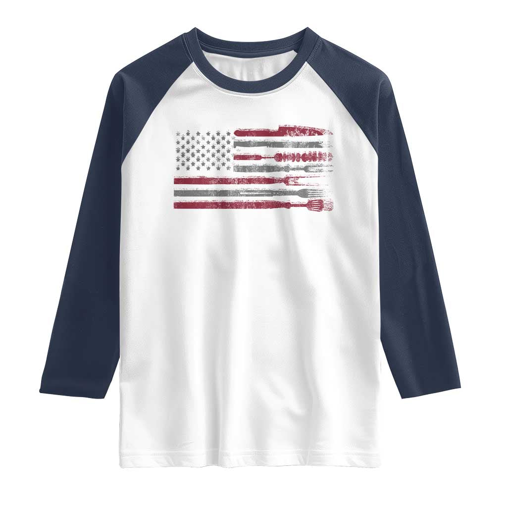 BBQ Raglan Shirt With Red Line American Flag Meat Smoker Grilling Gifts