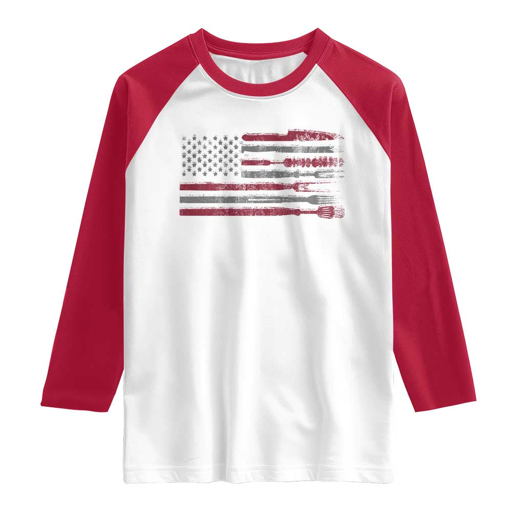 BBQ Raglan Shirt With Red Line American Flag Meat Smoker Grilling Gifts