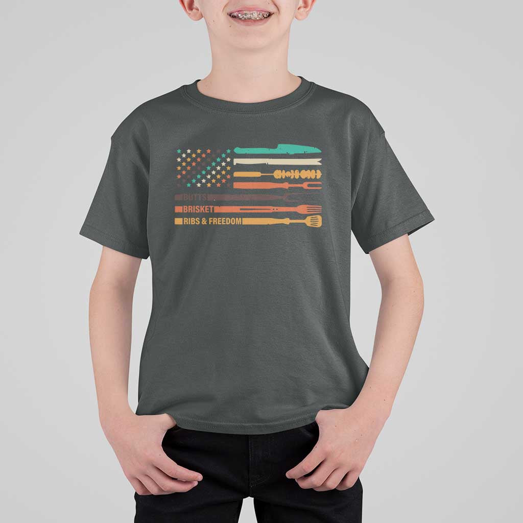 BBQ T Shirt For Kid With American Flag Brisket Butts Ribs and Freedom Grilling Gifts - Wonder Print Shop