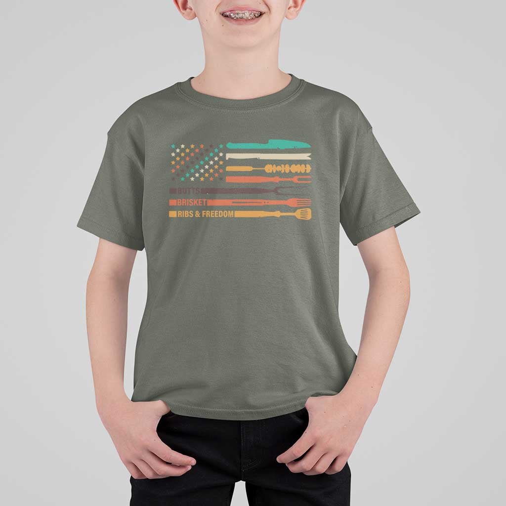BBQ T Shirt For Kid With American Flag Brisket Butts Ribs and Freedom Grilling Gifts - Wonder Print Shop