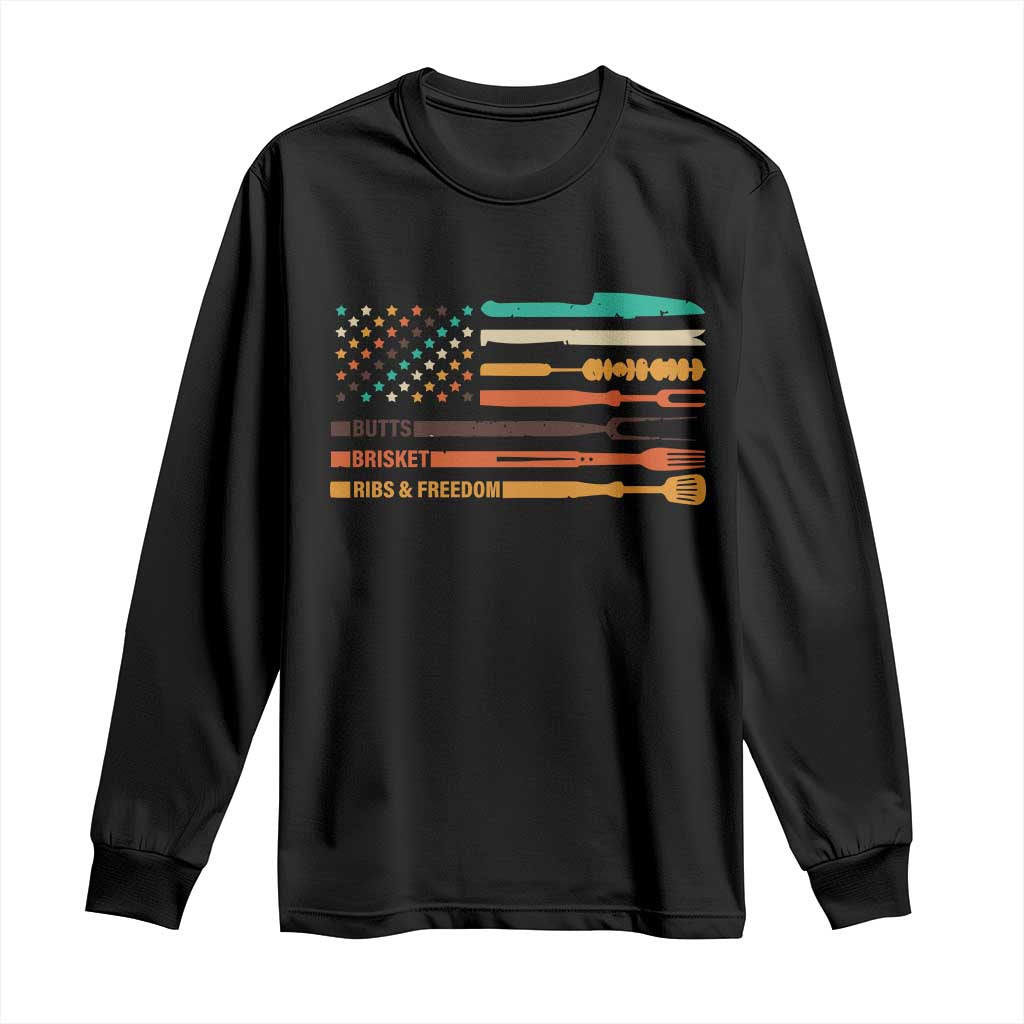BBQ Long Sleeve Shirt With American Flag Brisket Butts Ribs and Freedom Grilling Gifts