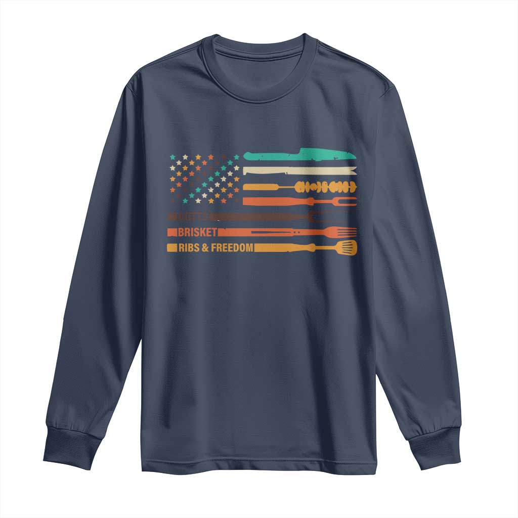 BBQ Long Sleeve Shirt With American Flag Brisket Butts Ribs and Freedom Grilling Gifts