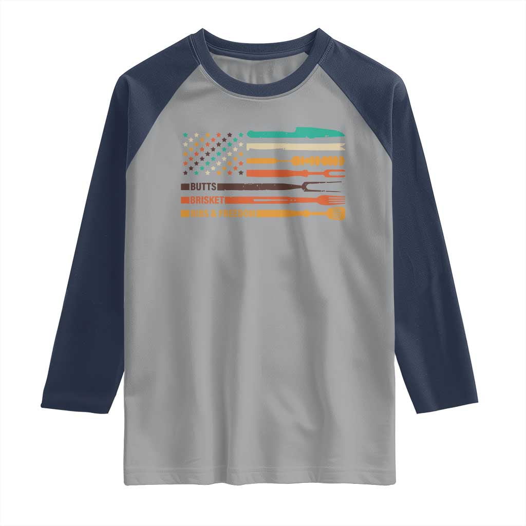 BBQ Raglan Shirt With American Flag Brisket Butts Ribs and Freedom Grilling Gifts