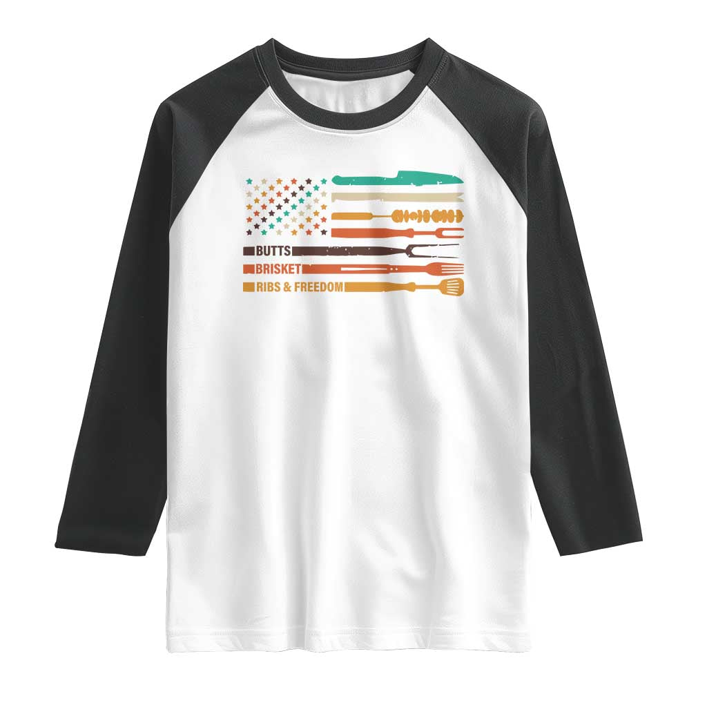 BBQ Raglan Shirt With American Flag Brisket Butts Ribs and Freedom Grilling Gifts