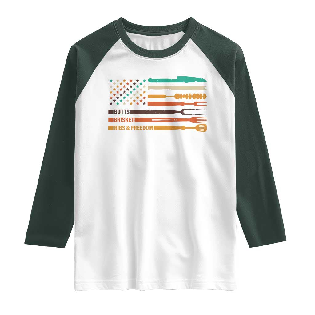 BBQ Raglan Shirt With American Flag Brisket Butts Ribs and Freedom Grilling Gifts