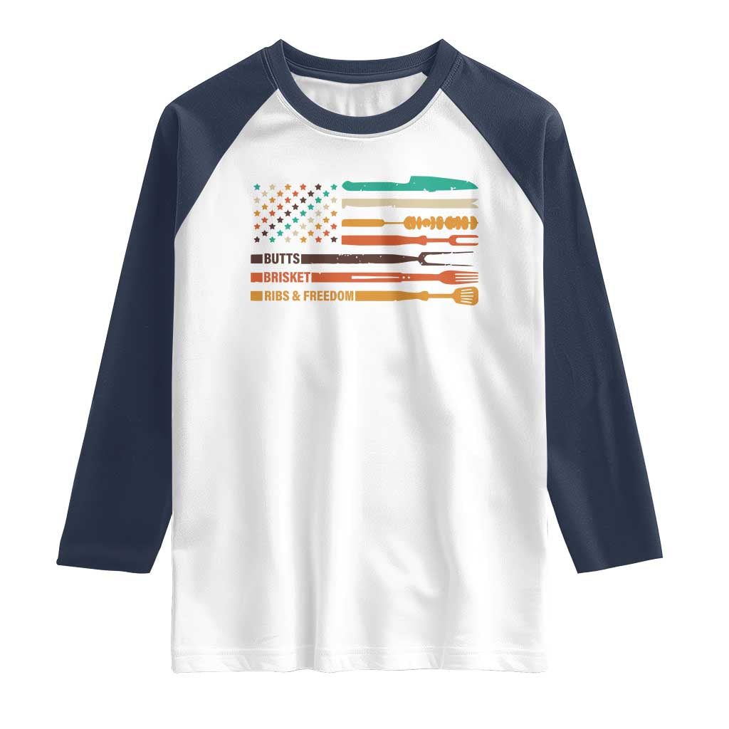 BBQ Raglan Shirt With American Flag Brisket Butts Ribs and Freedom Grilling Gifts