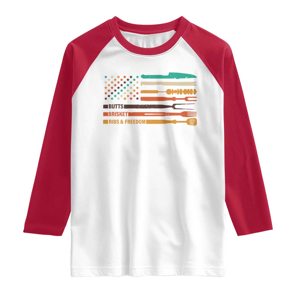 BBQ Raglan Shirt With American Flag Brisket Butts Ribs and Freedom Grilling Gifts