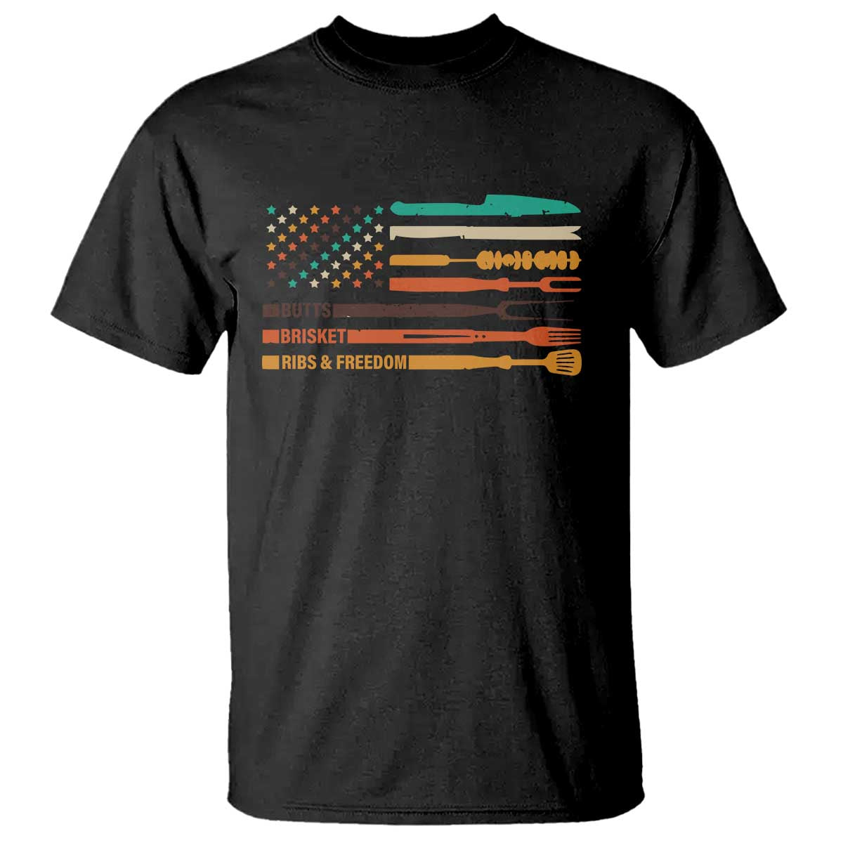 BBQ T Shirt With American Flag Brisket Butts Ribs and Freedom Grilling Gifts - Wonder Print Shop