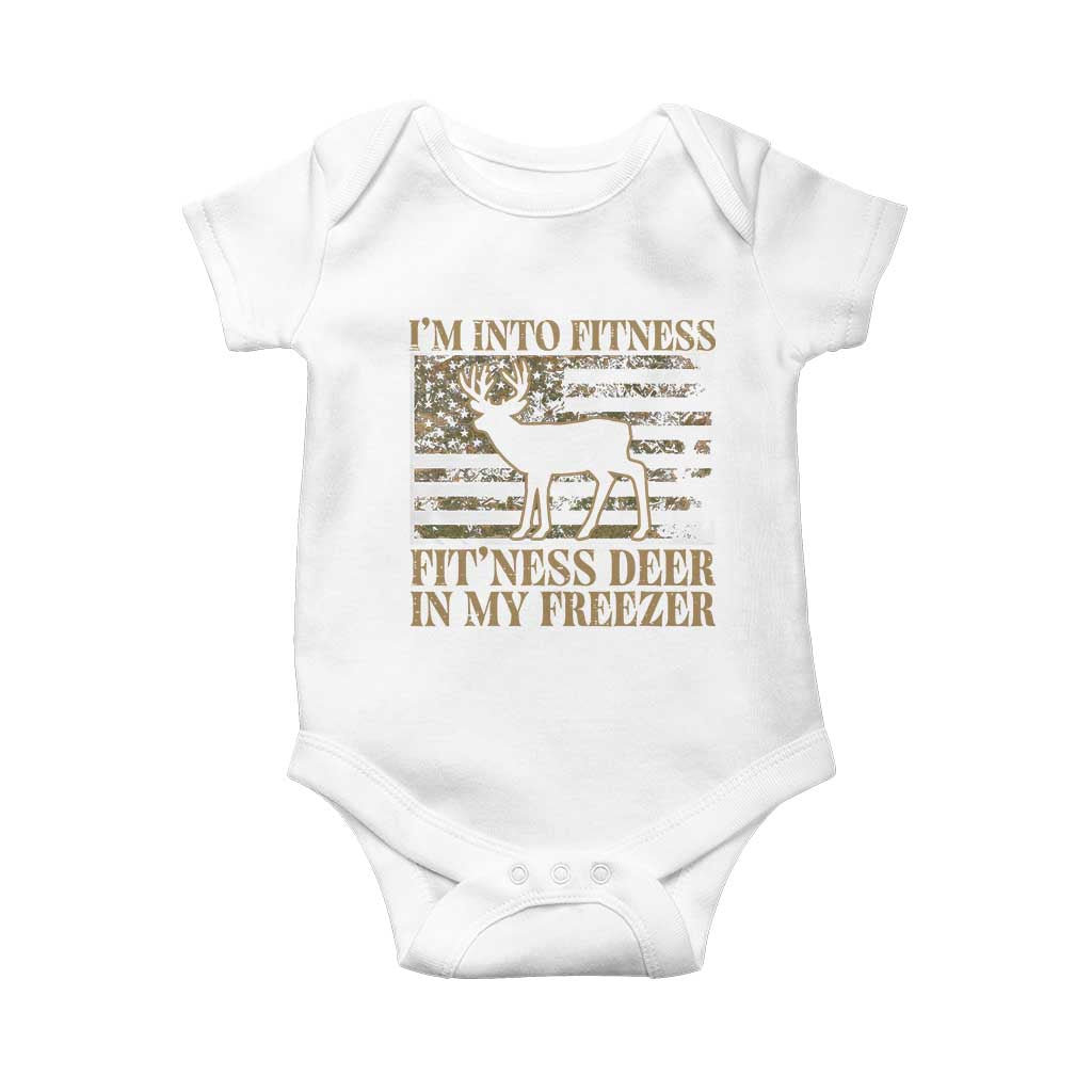 Deer Hunting Baby Onesie Im Into Fitness Fit Ness Deer Freezer Camo American Flag - Wonder Print Shop
