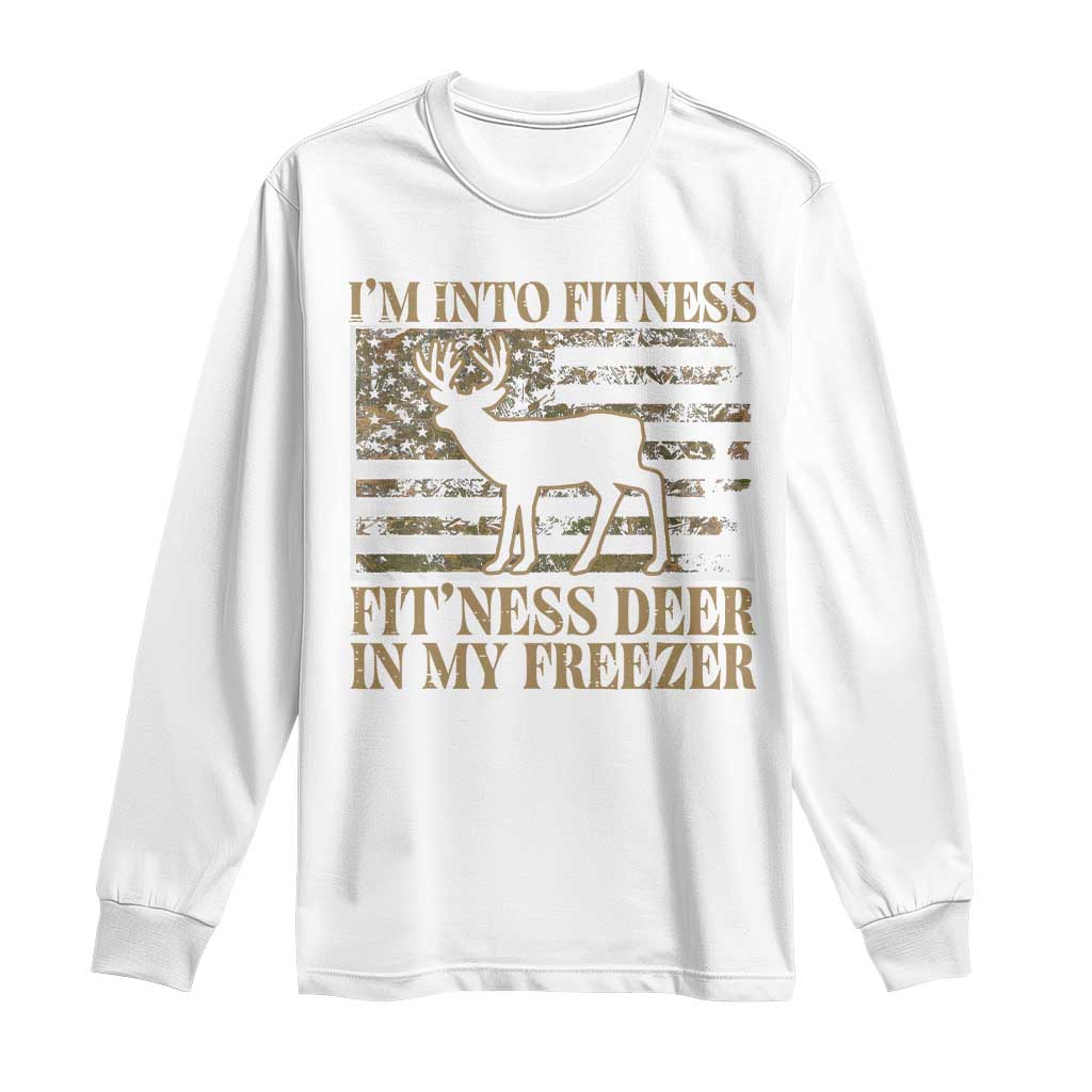 Deer Hunting Long Sleeve Shirt Im Into Fitness Fit Ness Deer Freezer Camo American Flag - Wonder Print Shop