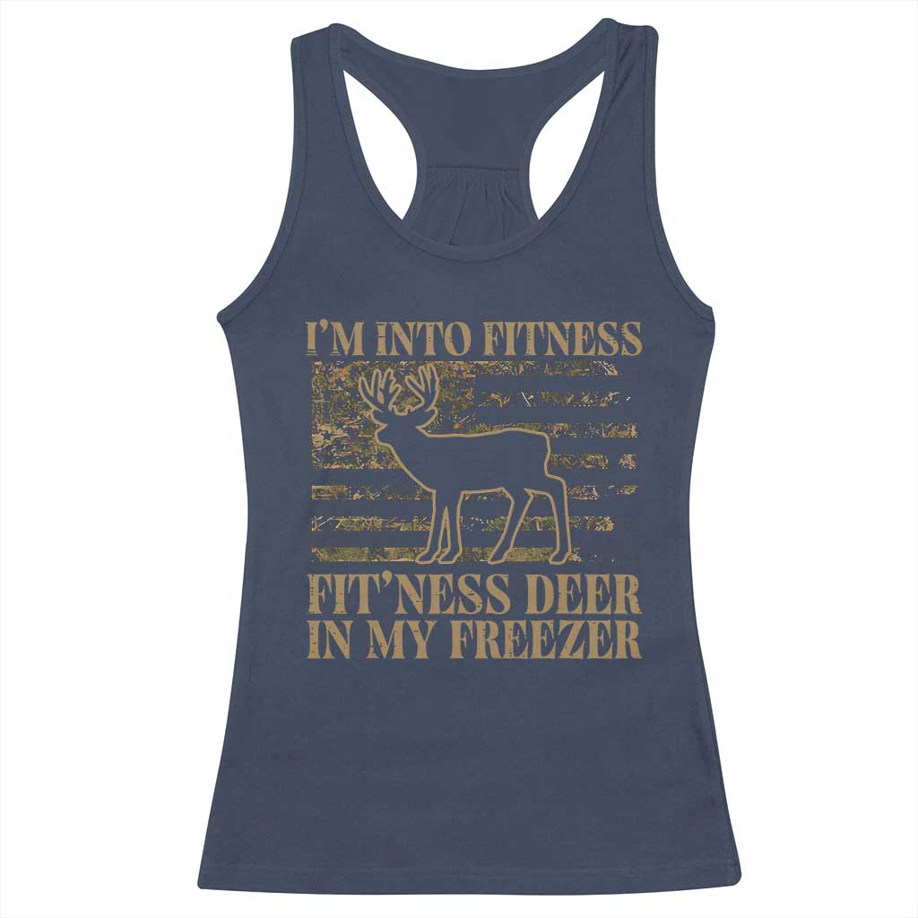 Deer Hunting Racerback Tank Top Im Into Fitness Fit Ness Deer Freezer Camo American Flag - Wonder Print Shop