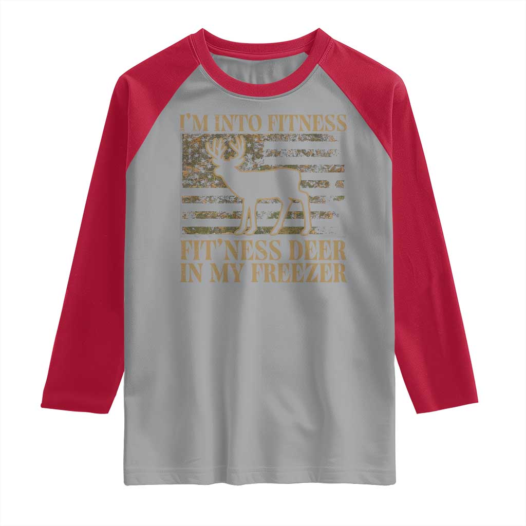 Deer Hunting Raglan Shirt Im Into Fitness Fit Ness Deer Freezer Camo American Flag - Wonder Print Shop