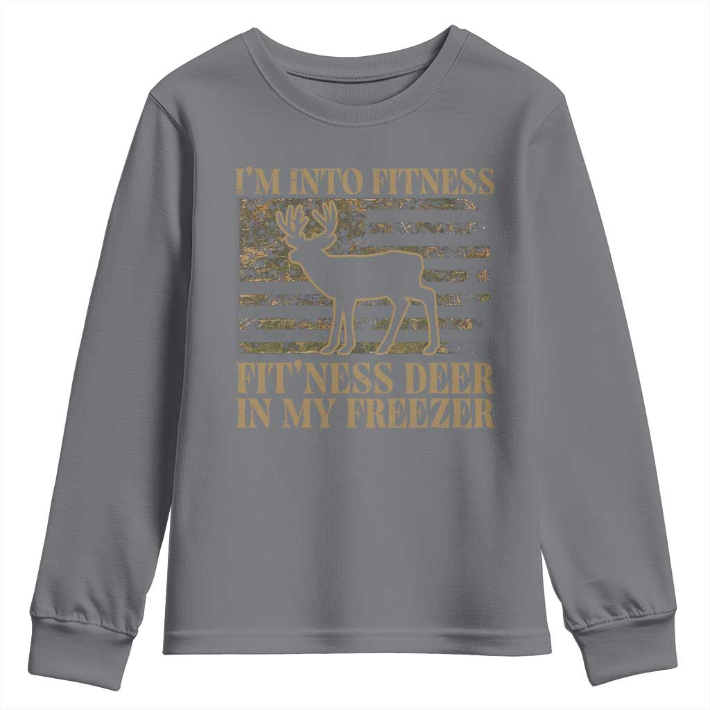 Deer Hunting Youth Sweatshirt Im Into Fitness Fit Ness Deer Freezer Camo American Flag - Wonder Print Shop