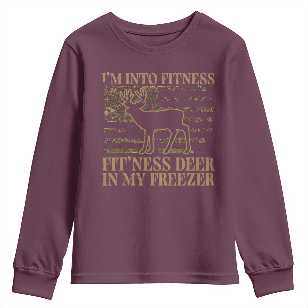 Deer Hunting Youth Sweatshirt Im Into Fitness Fit Ness Deer Freezer Camo American Flag - Wonder Print Shop