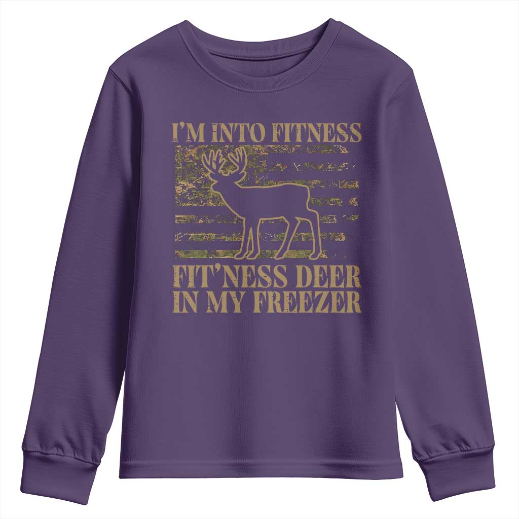Deer Hunting Youth Sweatshirt Im Into Fitness Fit Ness Deer Freezer Camo American Flag - Wonder Print Shop