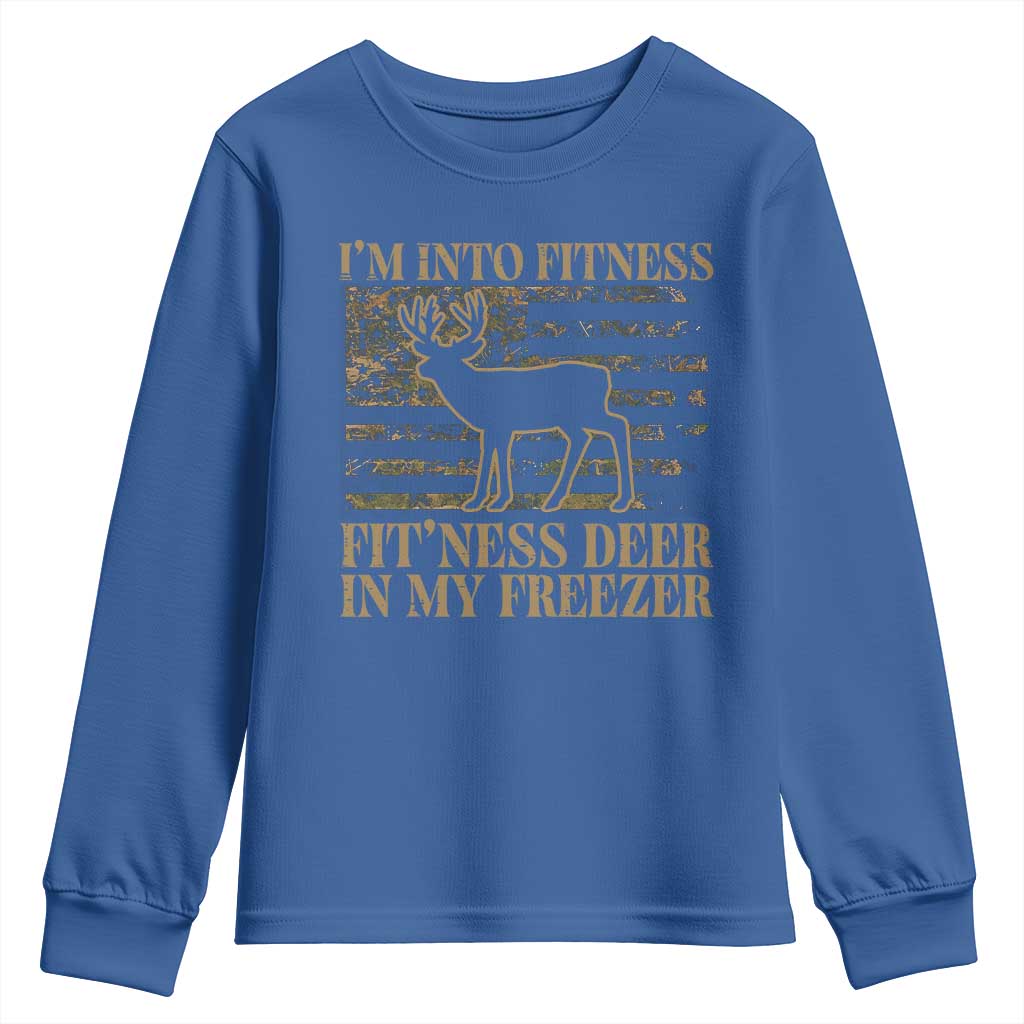 Deer Hunting Youth Sweatshirt Im Into Fitness Fit Ness Deer Freezer Camo American Flag - Wonder Print Shop