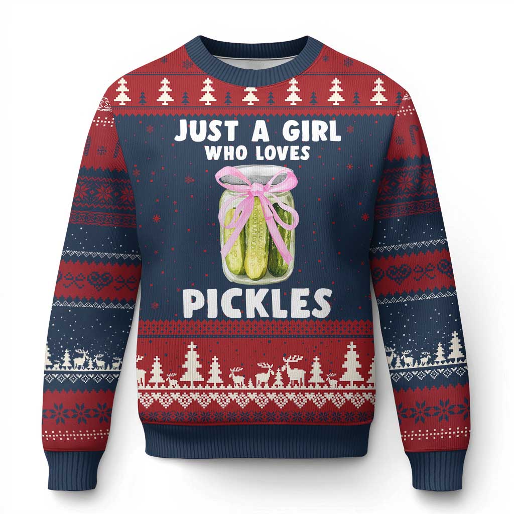 Just a Girl Who Loves Pickles Ugly Christmas Sweater Pickle Jars with Coquette Bow - Wonder Print Shop