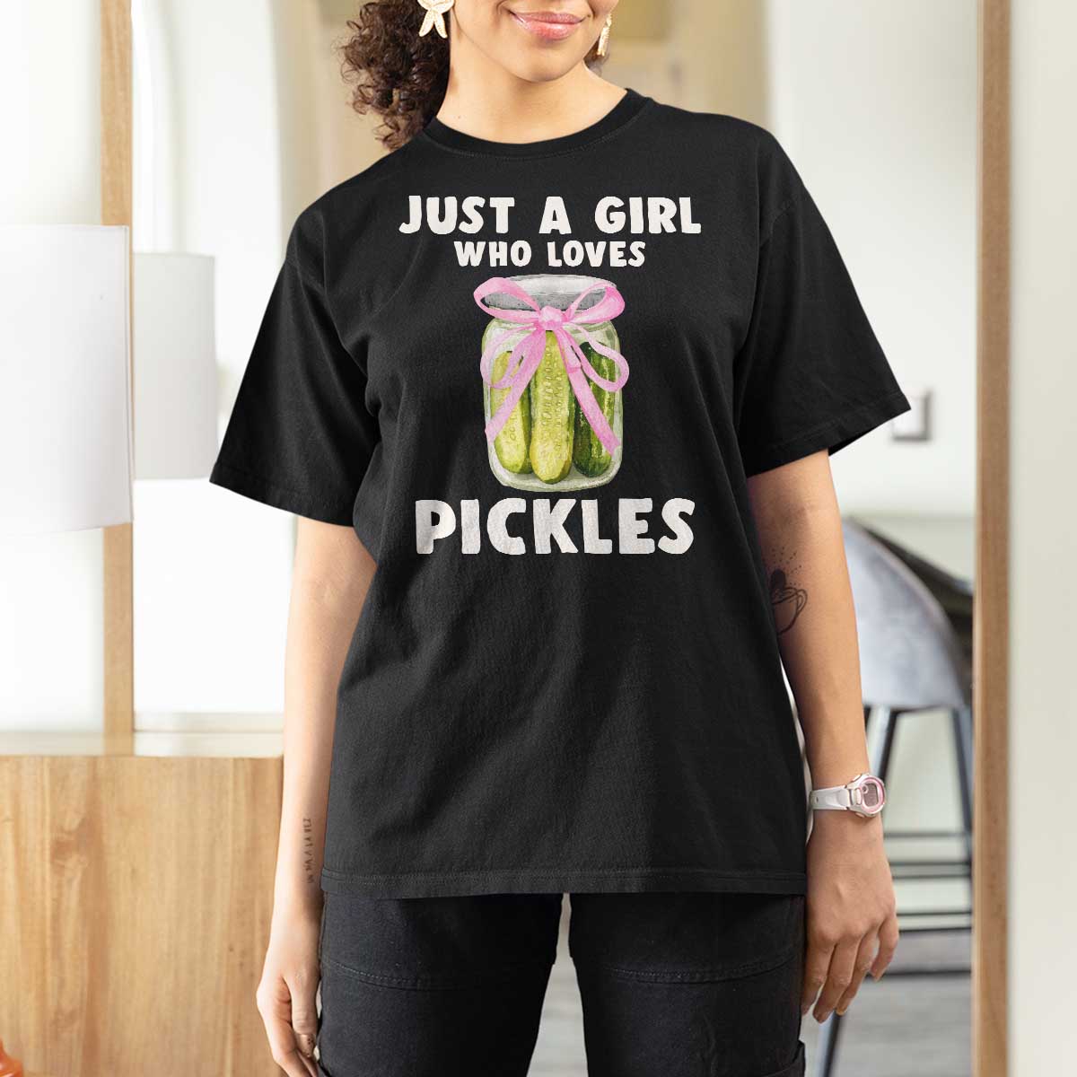 Just a Girl Who Loves Pickles T Shirt For Women Pickle Jars with Coquette Bow - Wonder Print Shop